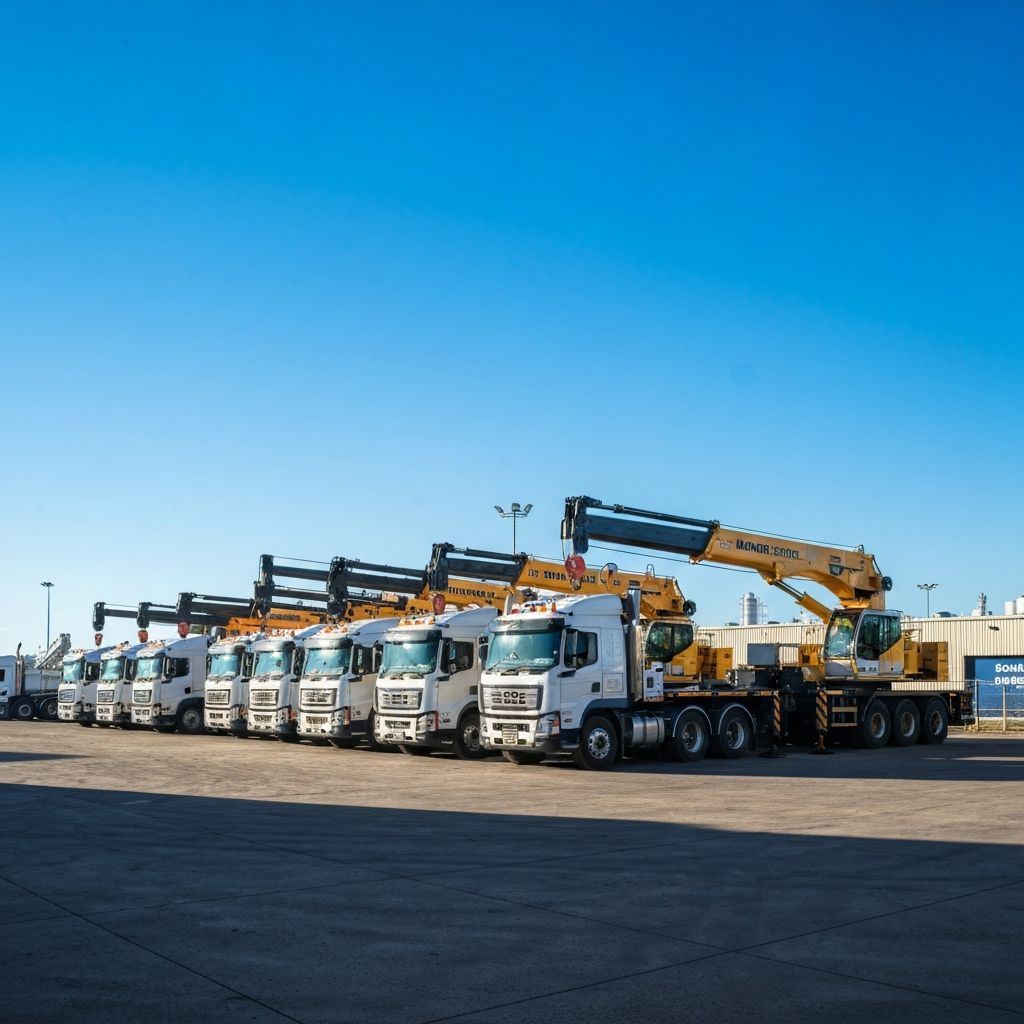JMG Transport fleet of heavy trucks and crane trucks at an Australian industrial yard