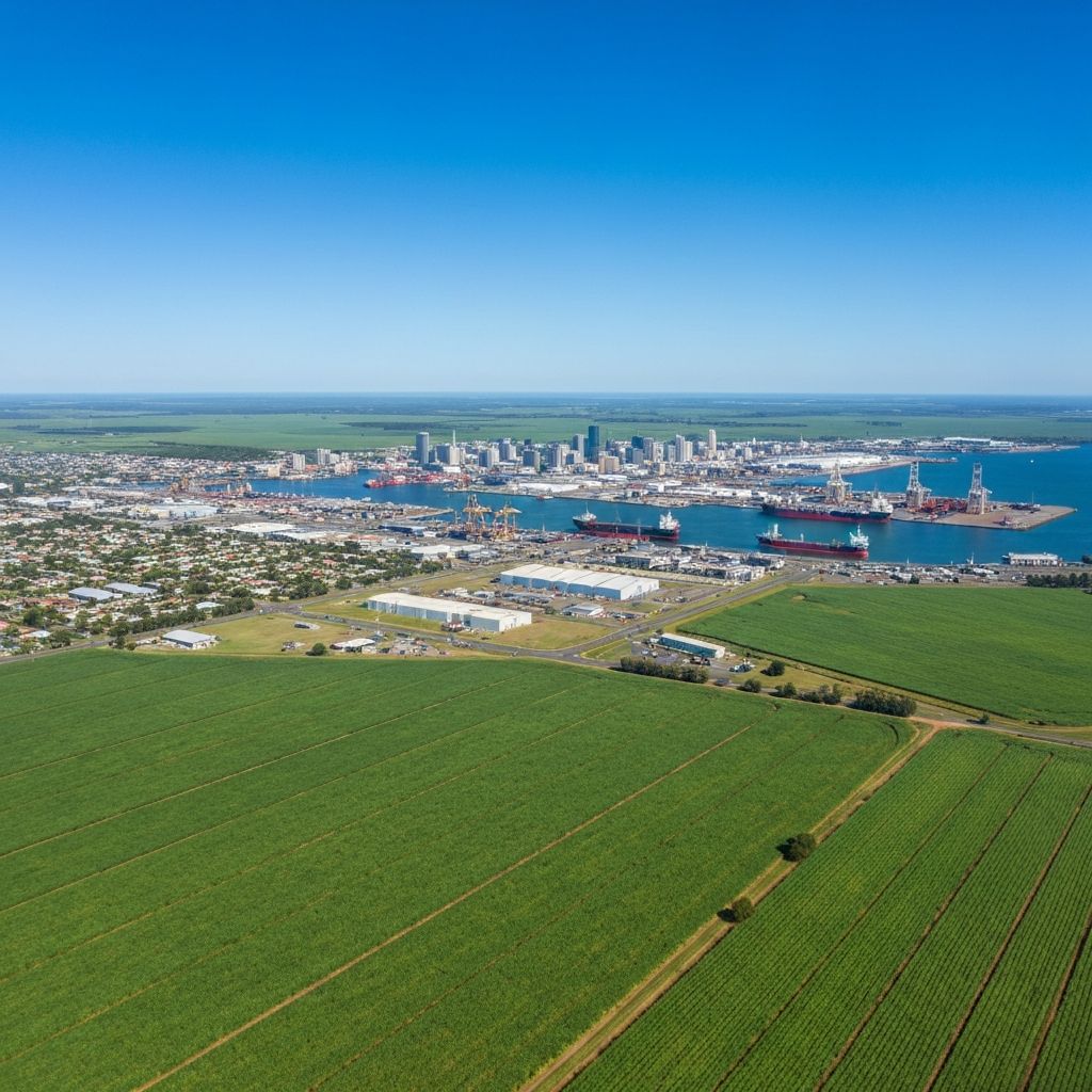 Aerial view of Mackay Queensland showing the port, city, and surrounding cane fields