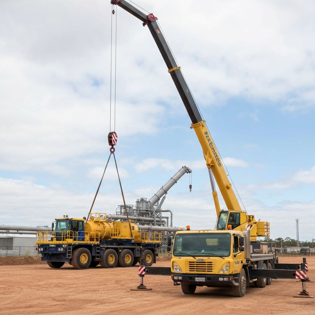 JMG crane truck with extended boom lifting industrial equipment on a Queensland site