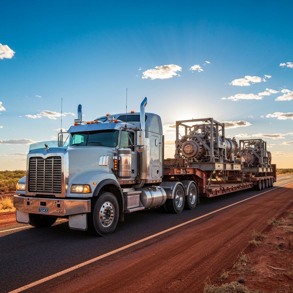 JMG heavy transport truck carrying large machinery on an Australian highway